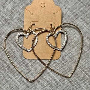 Gold Tone Double Heart Rhinestone Earrings